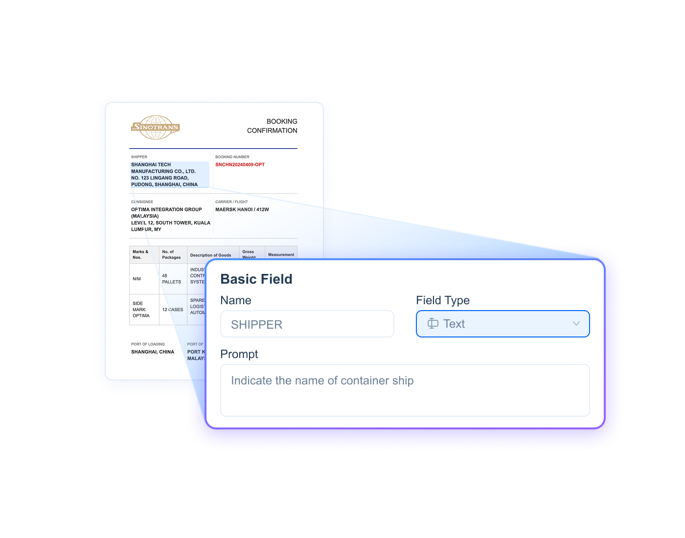 Custom data extraction for transport and logistics